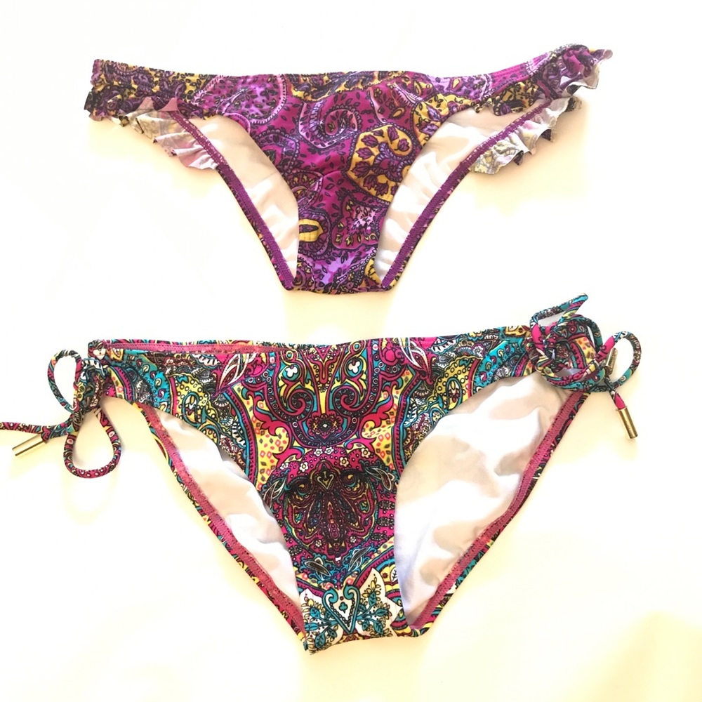 2 Billabong Purple Paisley Multicolor String Bikini Bottoms NWOT JUNIORS M